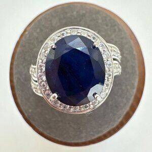 VTG Solid Sterling Silver 925 Synthetic Sapphire Prong Set Statement Ring Size 7
